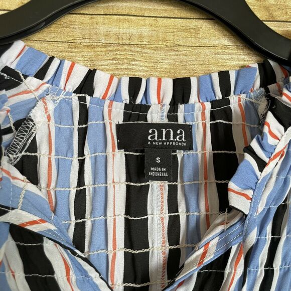 A.N.A. Blue & Black Striped Smocked Neck Blouse - Size Small - 3/4 Length Sleeve - Picture 3 of 5